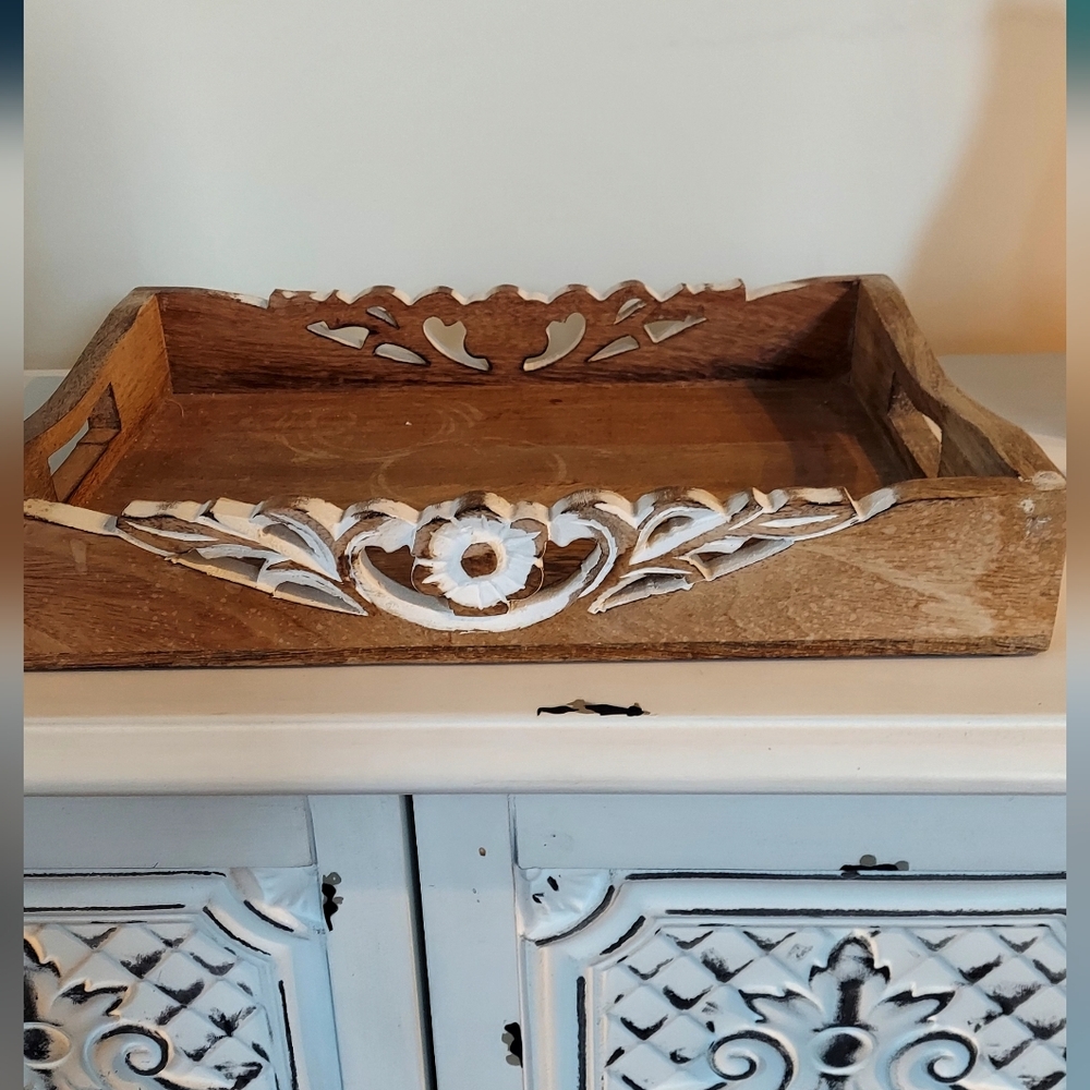 Rustic Wooden Bath Tray with White Accents